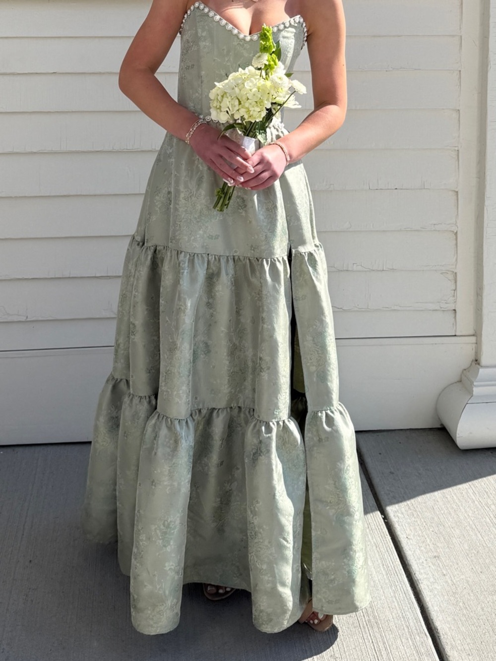 V. Chapman Vivian Sage Green Strapless Tiered Maxi Dress size 2